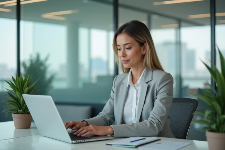 Femme professionnelle connectée à un espace client en ligne sur son ordinateur portable au bureau