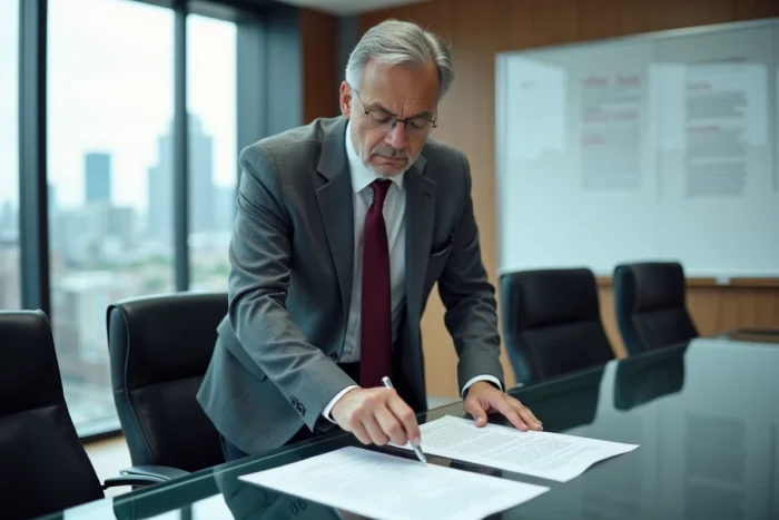 Conseiller juridique en entreprise examinant les risques légaux liés au trop-perçu d'indemnités prévoyance en salle de réunion