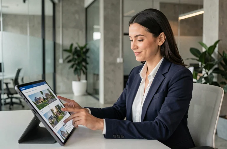 Conseillère immobilière d'une néo agence travaillant sur une tablette numérique dans un bureau moderne et innovant