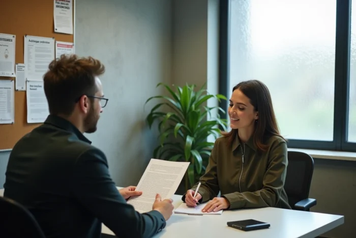 Deux locataires consultant des documents juridiques dans un centre d'aide au logement