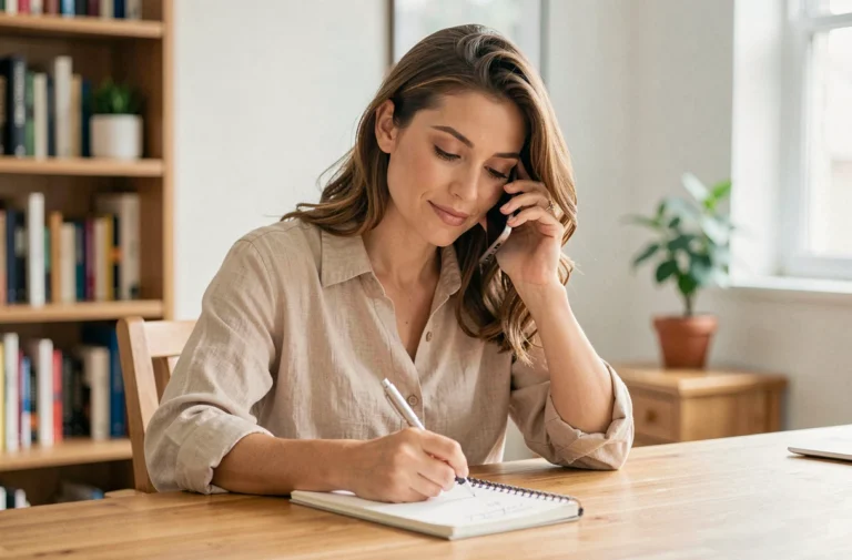 Femme en train de contacter un centre de bien-être par téléphone depuis son bureau à domicile