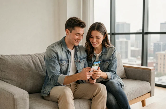 Couple de jeunes acheteurs consultant une application immobilière en ligne lors d'une visite d'appartement