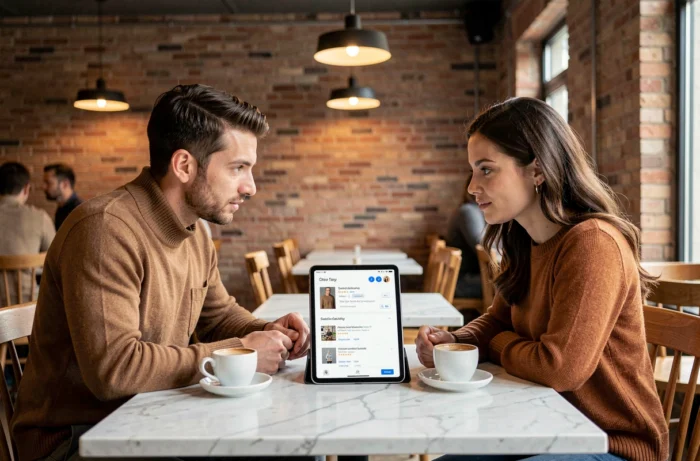 Deux personnes consultant des avis consommateurs sur une tablette dans un café moderne
