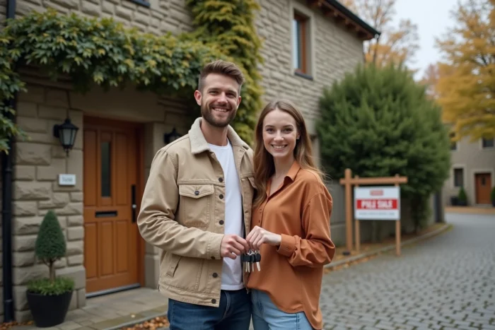 Couple devant leur nouvelle maison tenant les clés après le déblocage des fonds du prêt immobilier