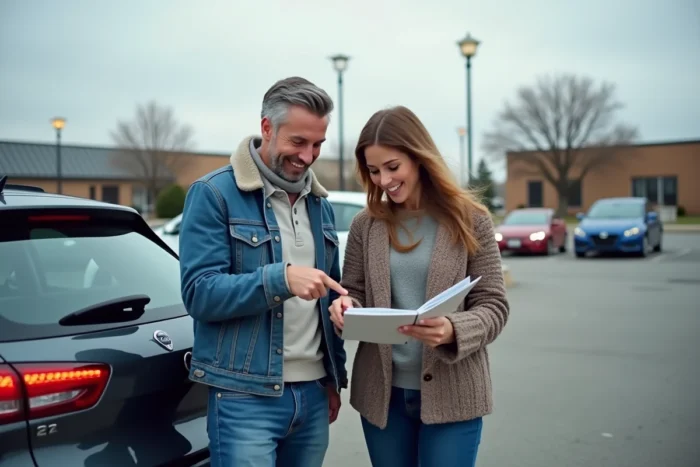 Couple comparant des brochures automobiles devant un crossover compact dans un parking en extérieur