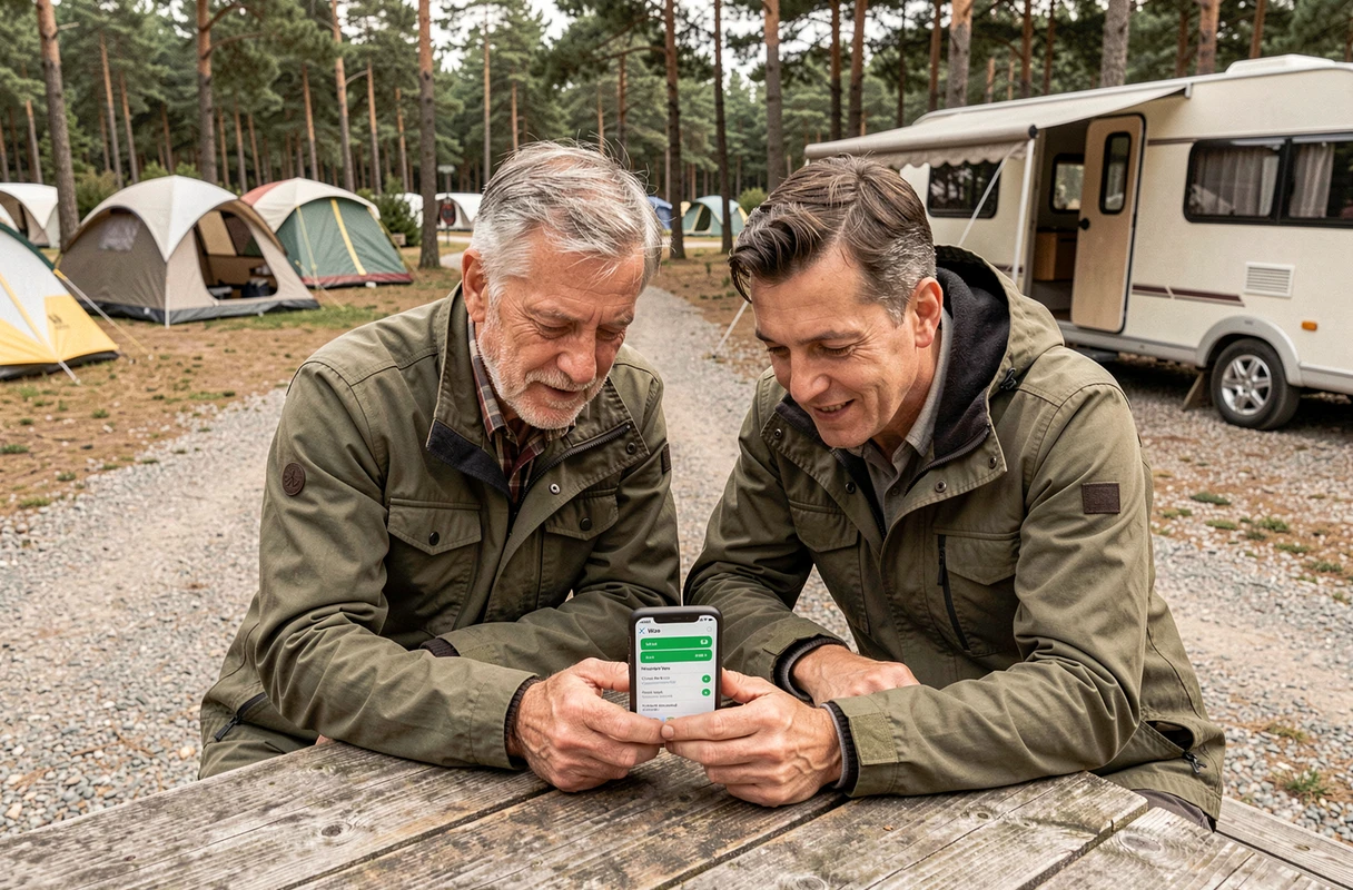 Couple configurant les restrictions de hauteur sur Waze pour caravane dans un camping en France