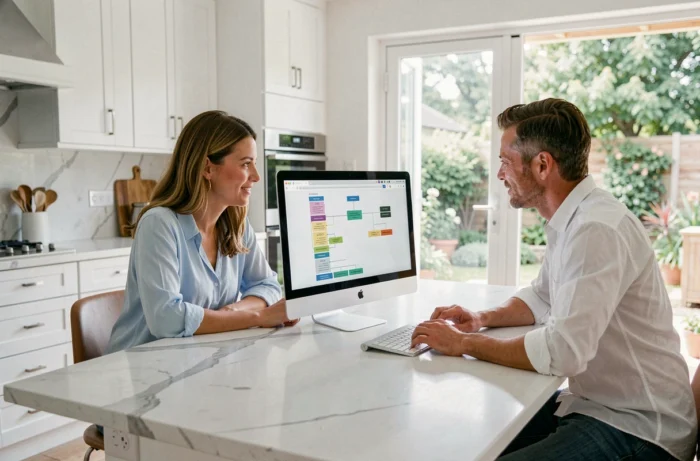 Couple explorant ensemble le plan du site Nos Enfants d'Abord depuis un ordinateur dans une cuisine moderne