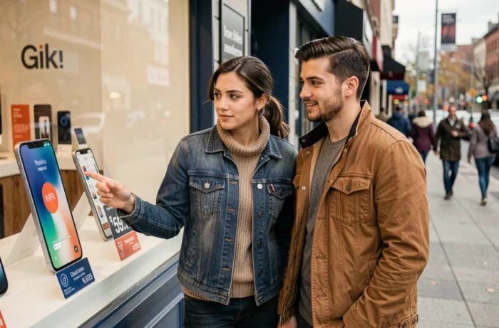 Couple regardant des iPhones abordables en vitrine d'un magasin de téléphonie en ville