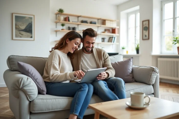 Couple consultant un plan de site immobilier sur une tablette dans un salon lumineux et moderne