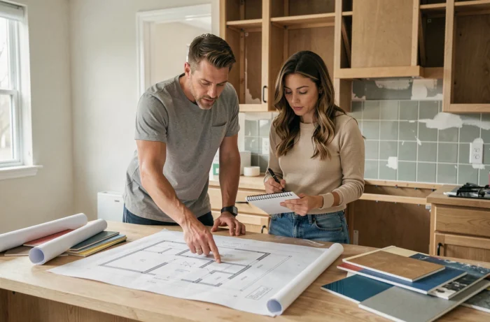 Couple planifiant des travaux de rénovation autour de plans architecturaux et d'échantillons de matériaux dans une cuisine en chantier
