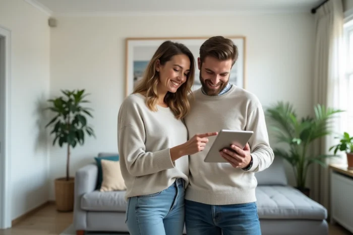Couple de vendeurs immobiliers consultant une plateforme de vente en ligne dans leur maison mise en vente
