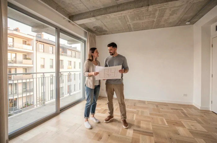 Couple visitant un appartement moderne non meublé en France, examinant les fenêtres et le plan au sol avec intérêt