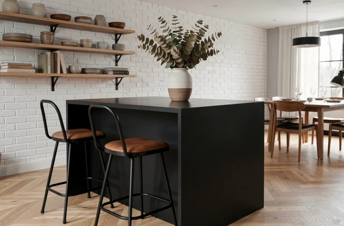 Cuisine moderne en open space avec îlot noir mat, tabourets en métal, étagères ouvertes avec céramiques artisanales et parquet chêne en chevrons
