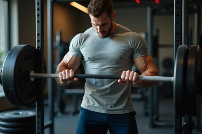 Homme réalisant un curl en prise pronation avec une barre droite en salle de sport