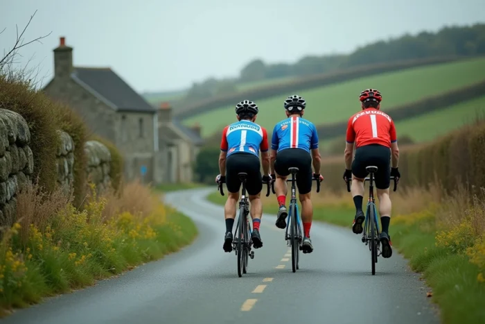 Groupe de cyclistes sur un chemin rural aux abords de Quimper dans le Finistère en Bretagne