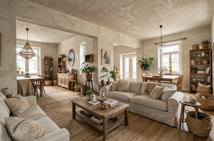 Vue d'ensemble d'un intérieur français décoré avec des matières naturelles, des murs en enduit, des textiles en lin et des objets personnels disposés avec soin