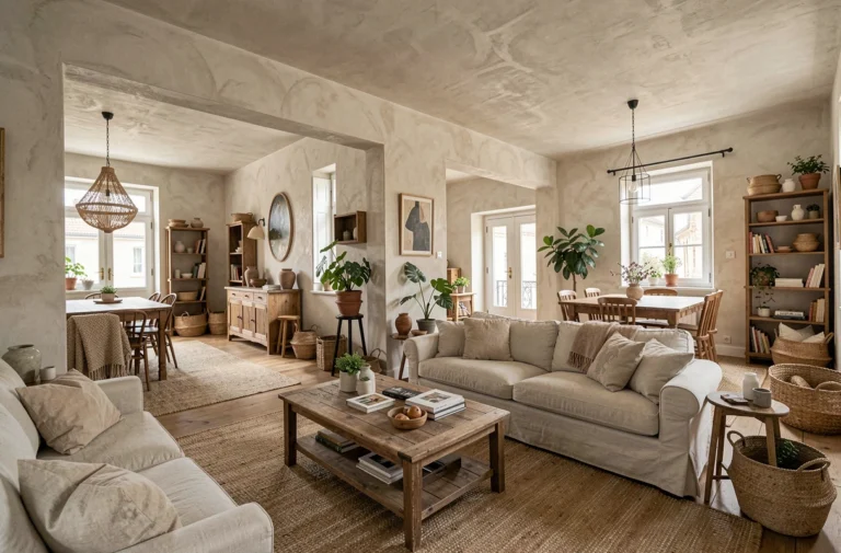 Vue d'ensemble d'un intérieur français décoré avec des matières naturelles, des murs en enduit, des textiles en lin et des objets personnels disposés avec soin