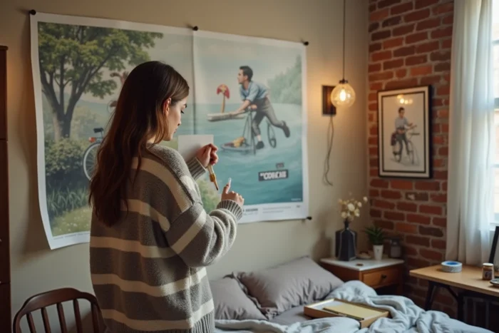 Jeune femme collant une affiche JCDecaux récupérée en décoration murale dans sa chambre créative