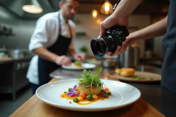 Un photographe documentant en images les plats d'un chef cuisinier dans une cuisine de restaurant pour valoriser son travail