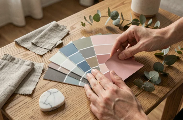 Sélection d'échantillons de couleurs de peinture disposés sur une table en chêne avec matières naturelles