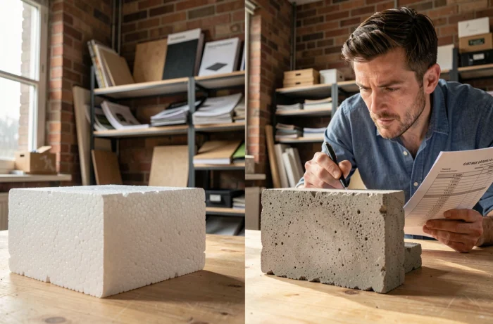 Comparaison de blocs en polystyrène et parpaings posés sur un établi dans un atelier de maçonnerie