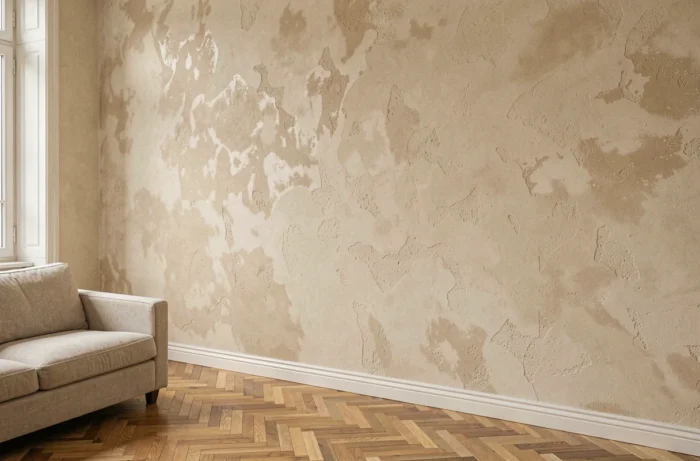 Enduit à la chaux sur le mur d'un séjour parisien avec parquet en chêne et canapé en lin, texture minérale irrégulière bien visible
