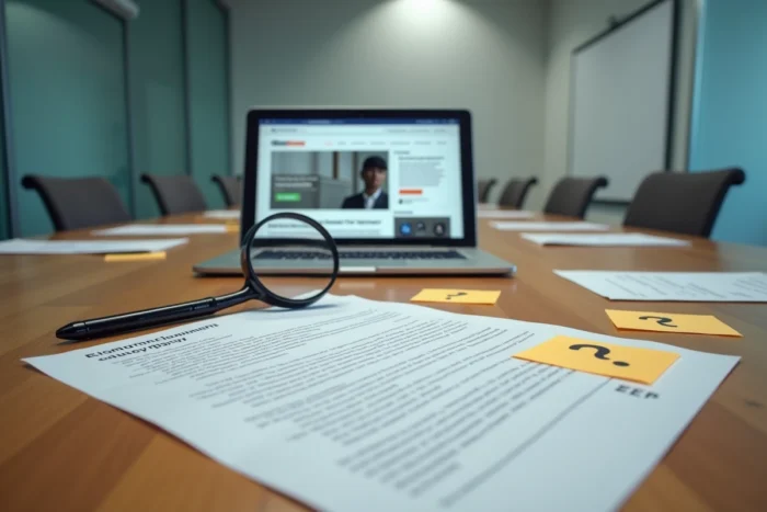 Vue aérienne d'un bureau avec des documents d'enquête, une loupe, des notes manuscrites et un ordinateur affichant des avis clients mitigés, illustrant une investigation sur la fiabilité d'un service commercial