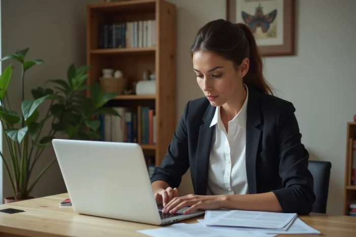 Femme analysant des documents et un site web d'avis en ligne sur son ordinateur portable dans un bureau à domicile moderne, illustrant une enquête sur la fiabilité d'un service