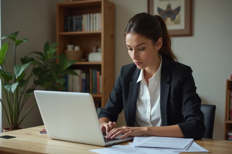 Femme analysant des documents et un site web d'avis en ligne sur son ordinateur portable dans un bureau à domicile moderne, illustrant une enquête sur la fiabilité d'un service