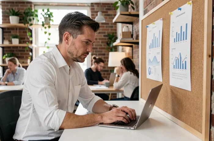 Entrepreneur concentré travaillant sur sa stratégie de croissance dans un espace de coworking moderne