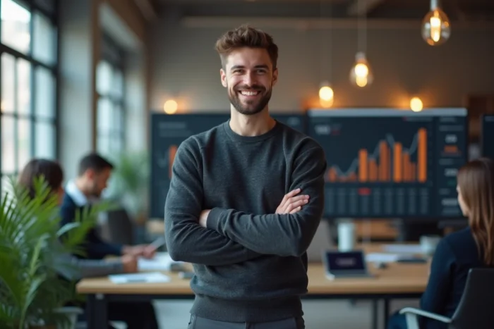 Jeune entrepreneur debout devant un tableau de bord Finary affichant fortune et revenus, dans un espace de coworking moderne