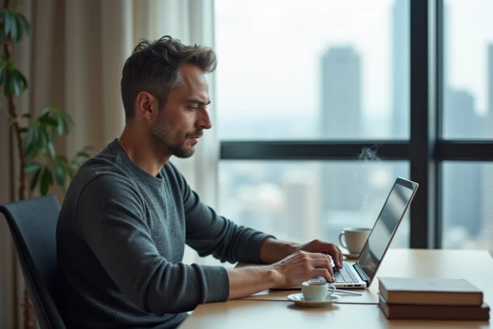 Entrepreneur lisant des analyses business sur son ordinateur dans un bureau à domicile avec vue urbaine, conseils clés en entrepreneuriat