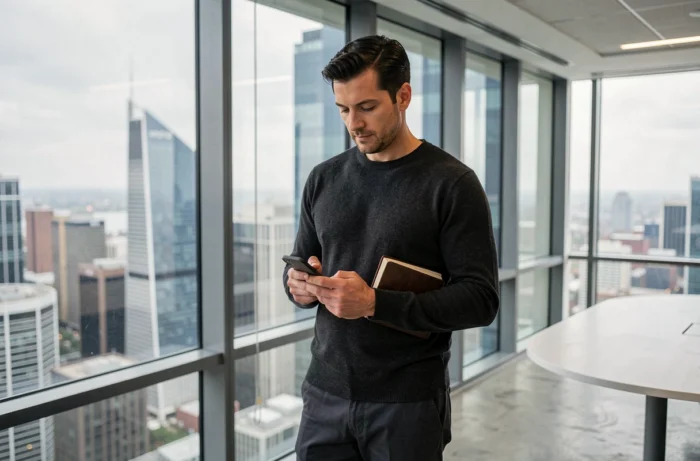 Entrepreneur debout face à une baie vitrée avec vue sur la ville, consultant ses notes sur smartphone
