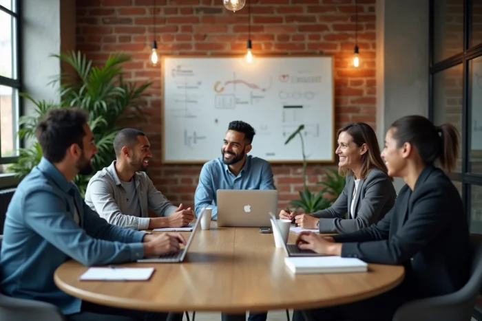 Groupe d'entrepreneurs en réunion stratégique dans un espace de coworking, symbolisant la collaboration et le conseil en entrepreneuriat