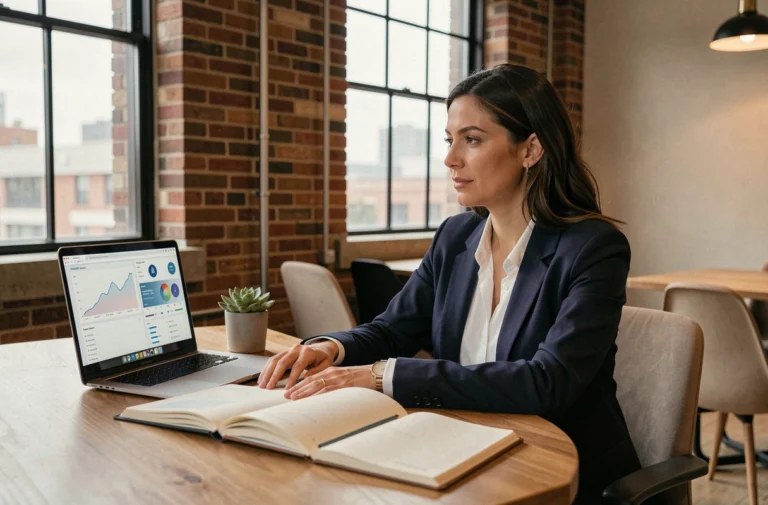 Entrepreneuse analysant des données sur un ordinateur portable dans un espace de coworking moderne en 2024
