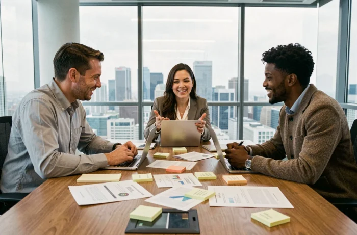 Équipe de professionnels en réunion stratégique autour d'une table de conférence moderne