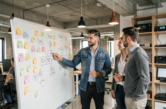 Équipe de startuppers en session de brainstorming autour d'un tableau blanc dans un bureau ouvert