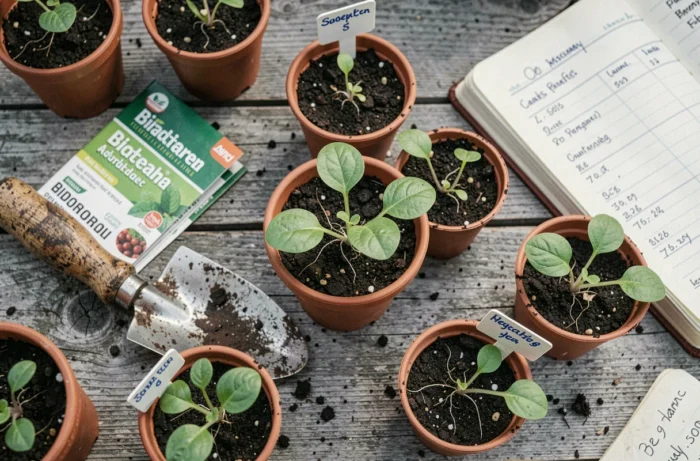 Vue de dessus d'un établi de jardinage avec des godets de semis, des paquets de graines et un carnet de plantation manuscrit