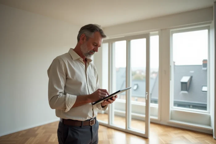 Propriétaire effectuant un état des lieux dans un appartement vide avant la mise en location