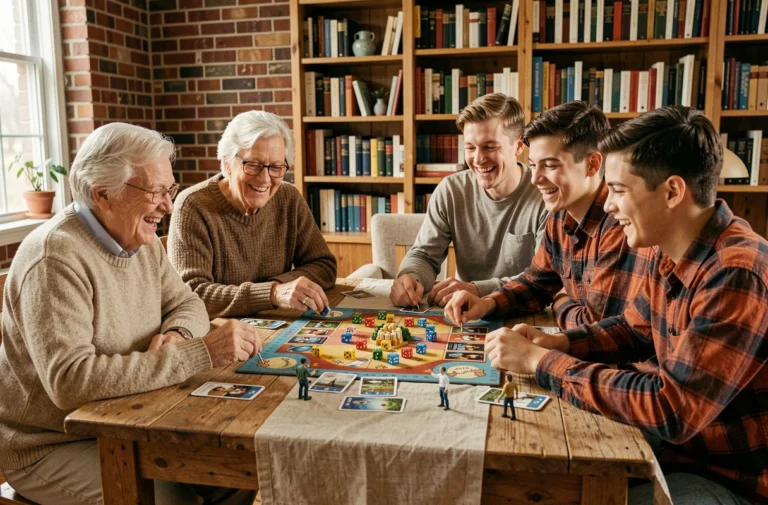 Famille multigénérationnelle jouant à un jeu de société autour d'une table en bois rustique lors d'une soirée conviviale