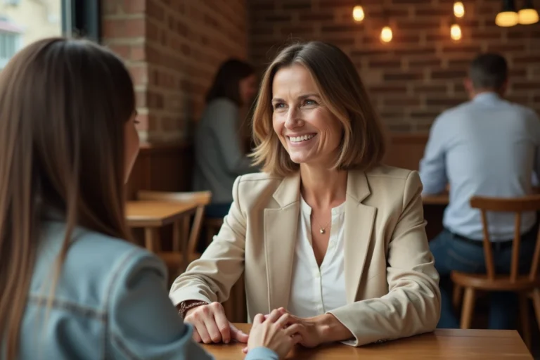 Deux femmes dans un café, l'une affichant un sourire exagéré et une fausse bienveillance envers l'autre, illustrant la manipulation émotionnelle