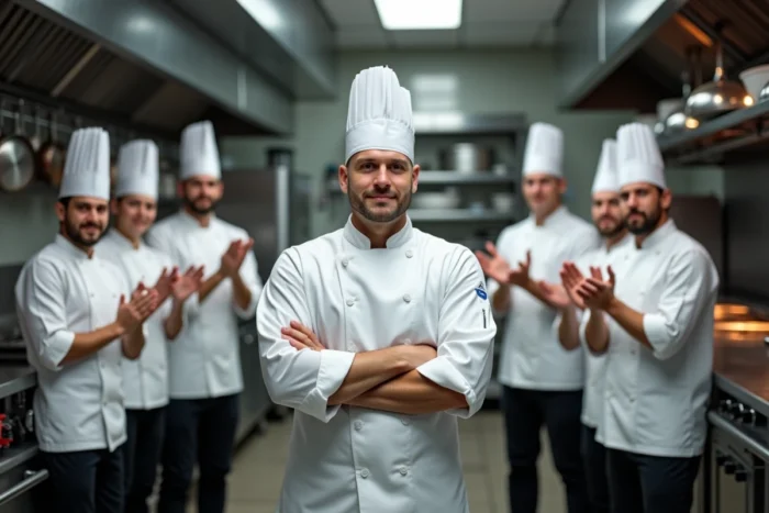 Chef cuisinier applaudi par toute sa brigade dans une cuisine professionnelle en plein service