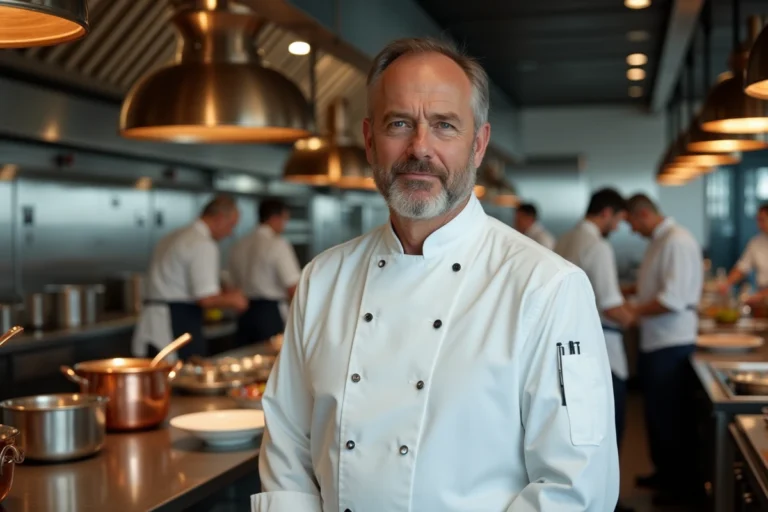 Chef cuisinier en veste blanche debout dans une cuisine professionnelle animée, symbolisant le talent et la reconnaissance culinaire