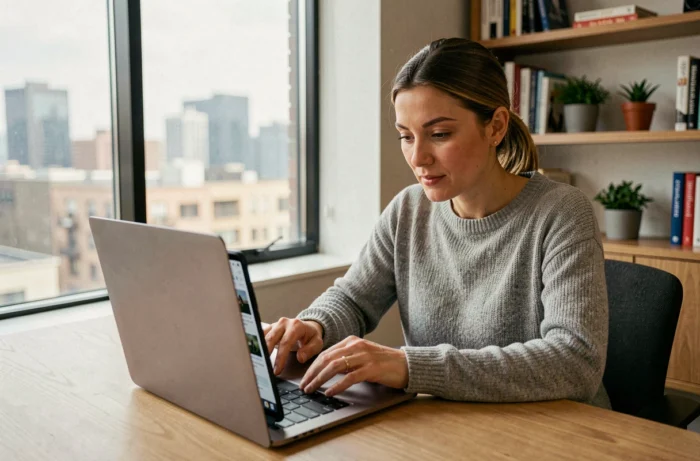 Femme consultant les dernières actualités numériques sur un ordinateur portable et un smartphone dans un bureau moderne