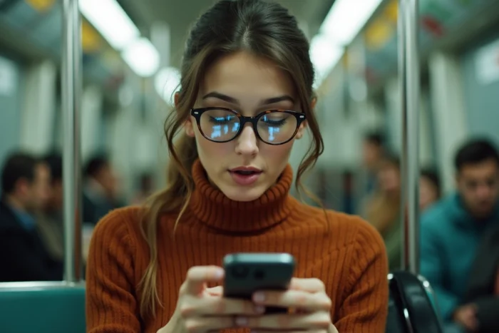 Jeune femme lisant les actualités en temps réel sur son smartphone dans le métro