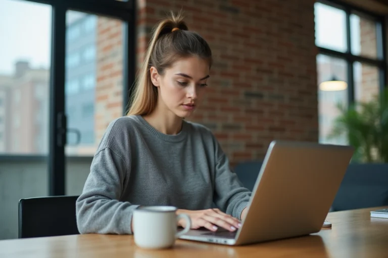 Femme consultant les dernières actualités web en temps réel sur son ordinateur portable dans un bureau moderne