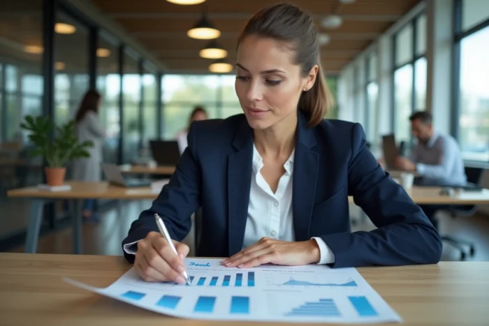 Femme d'affaires analysant des rapports de performance dans un bureau moderne, illustrant l'actualité business et entrepreneuriat