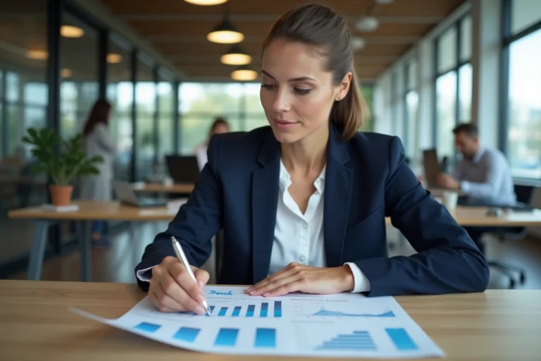 Femme d'affaires analysant des rapports de performance dans un bureau moderne, illustrant l'actualité business et entrepreneuriat