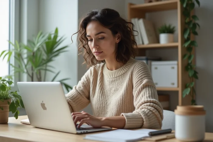 Femme consultant des annonces en ligne sur un ordinateur portable dans un bureau à domicile moderne