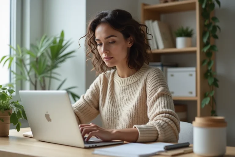 Femme consultant des annonces en ligne sur un ordinateur portable dans un bureau à domicile moderne